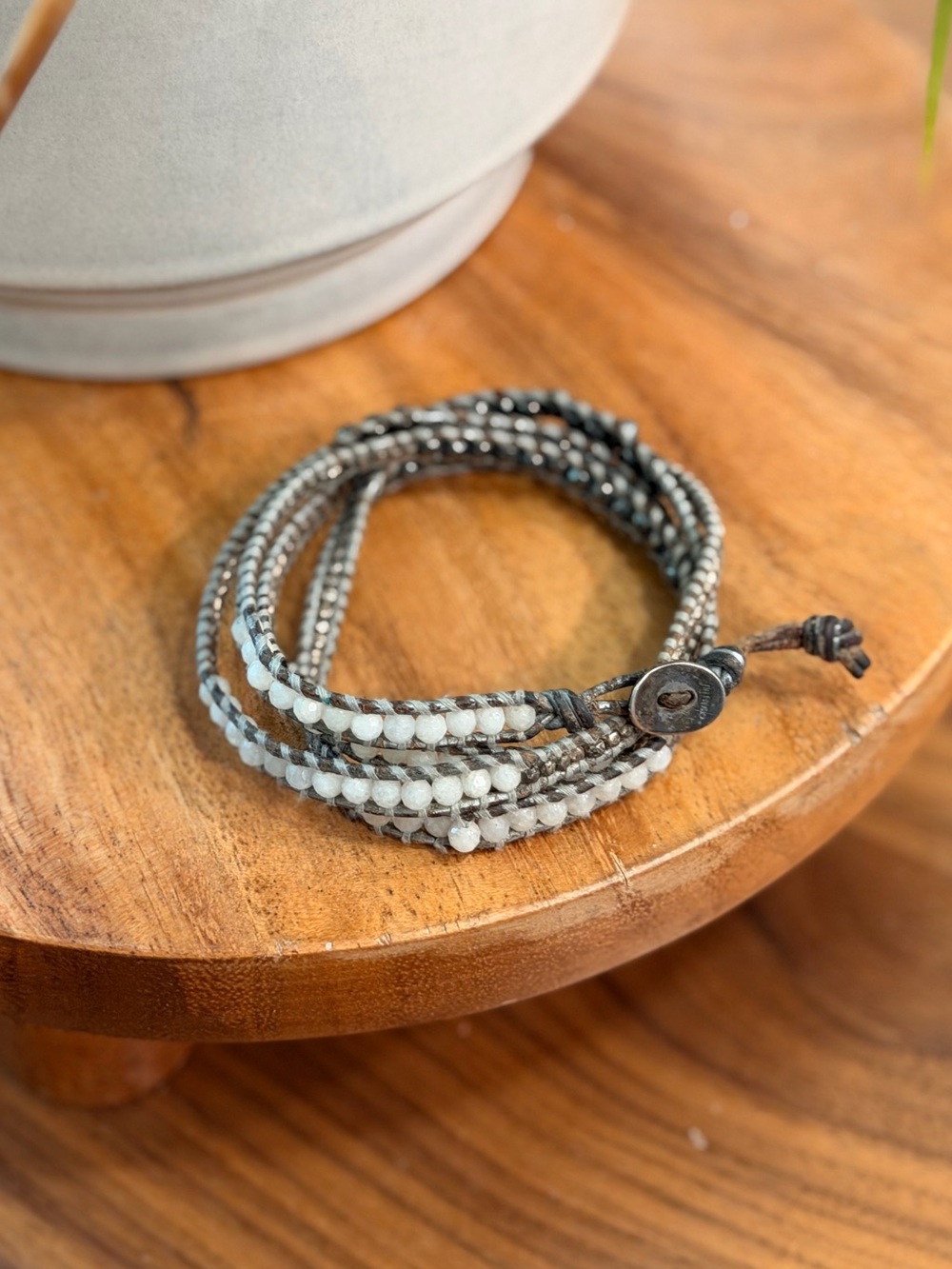 Chan Luu Wrap Bracelet Silver Tone and White Faceted Beads Gray and Brown